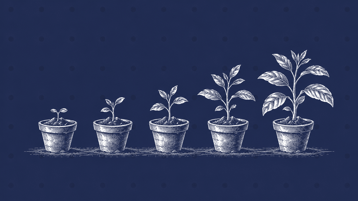 A vintage engraving of five clay pots in a row, each seedling taller than the last