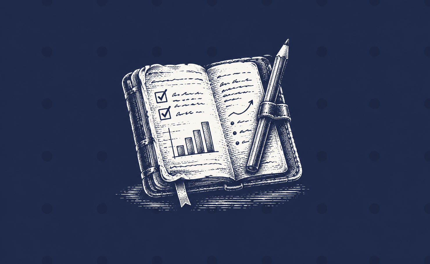A vintage engraving of an open field notebook with check marks, a bar chart and a pencil