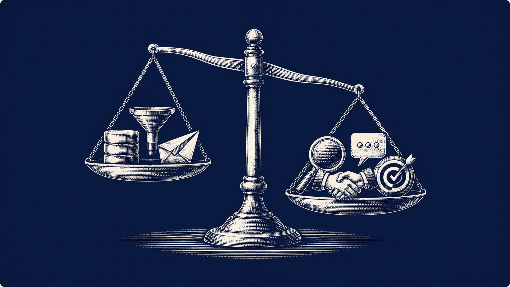 A set of scales weighing deal sourcing software, a database and an email, against a deal sourcing agency, a handshake and a verified target